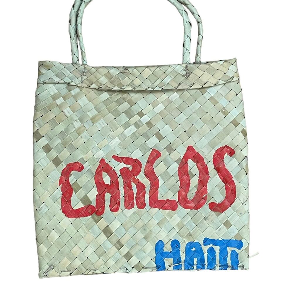 STRAW TOTE BAG FROM HAITI PALM TREE BIRDS - Picture 3 of 5